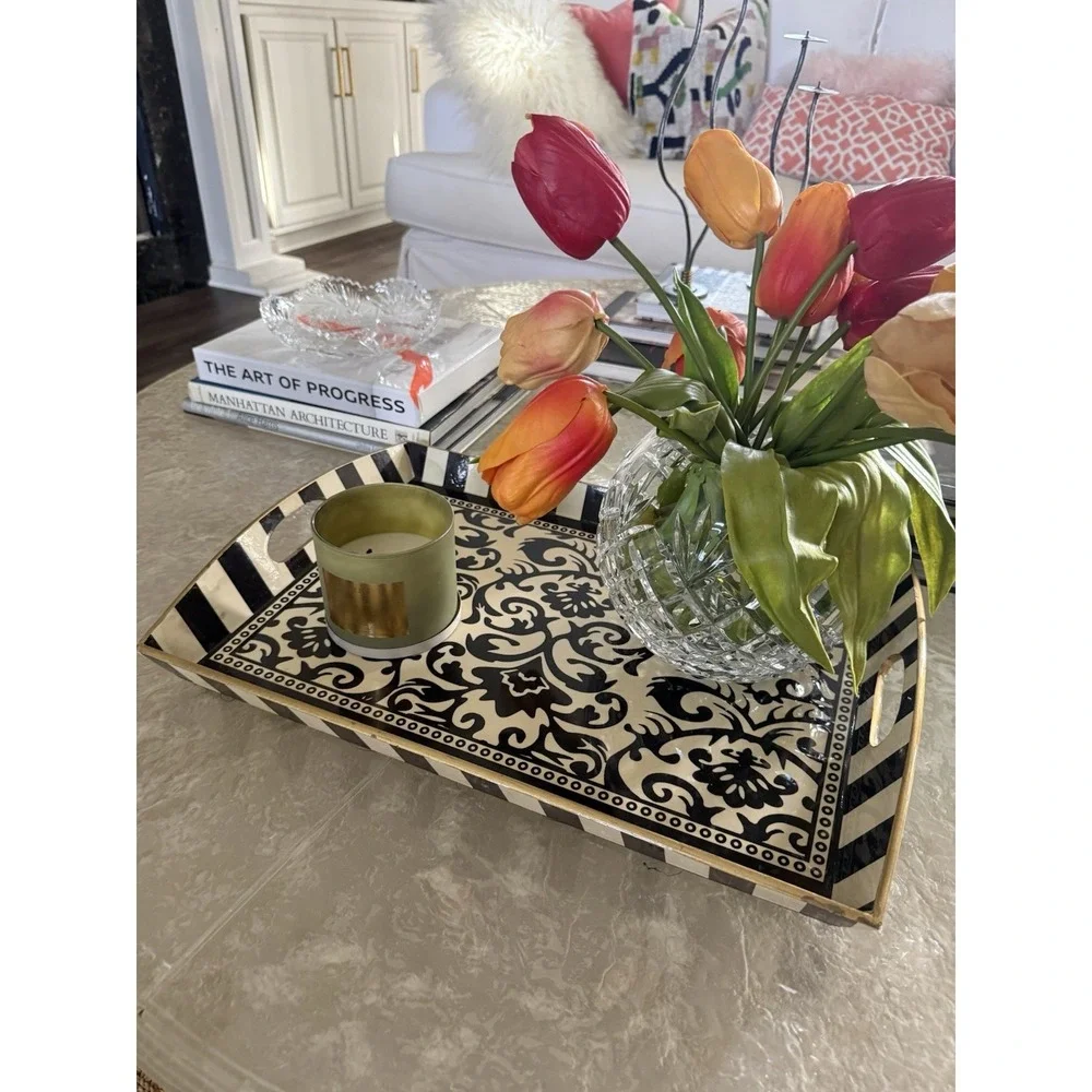 Michel Design Works Black‎ Cream Damask Serving Tray Striped Handles 20